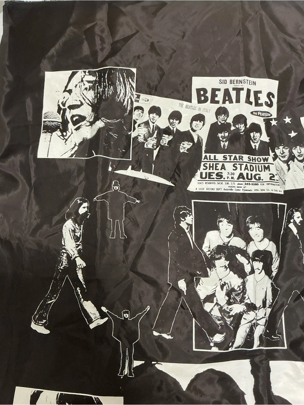 Vintage The Beatles Black Fabric wall Hanging Tapestry Banner Shea Stadium Graph